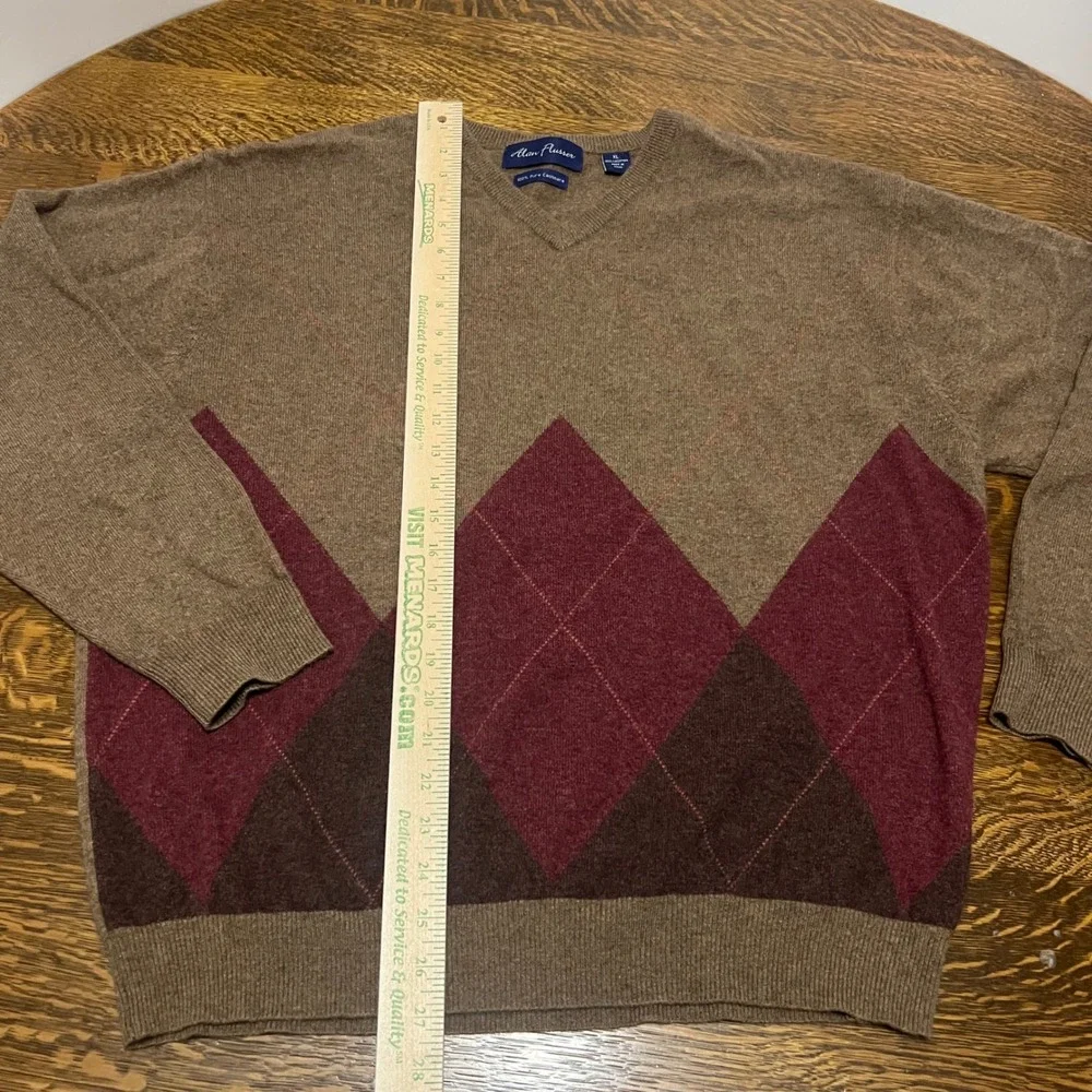 Alan Flusser Sweater Mens XL Brown Argyle 100% Pure Cashmere V-Neck Pullover